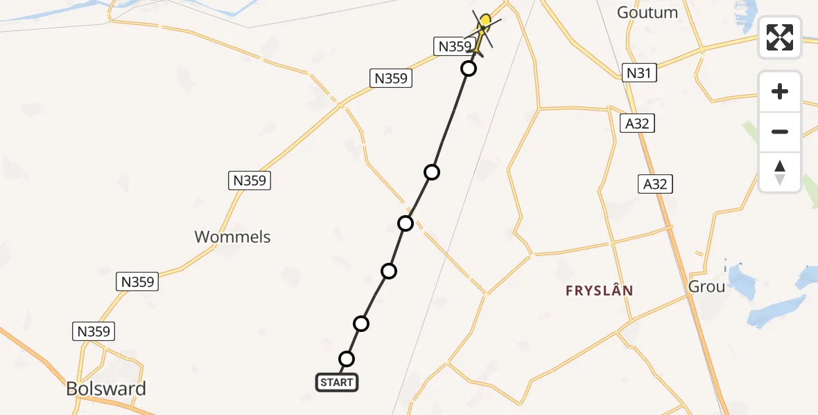 Routekaart van de vlucht: Ambulancehelikopter naar Hilaard