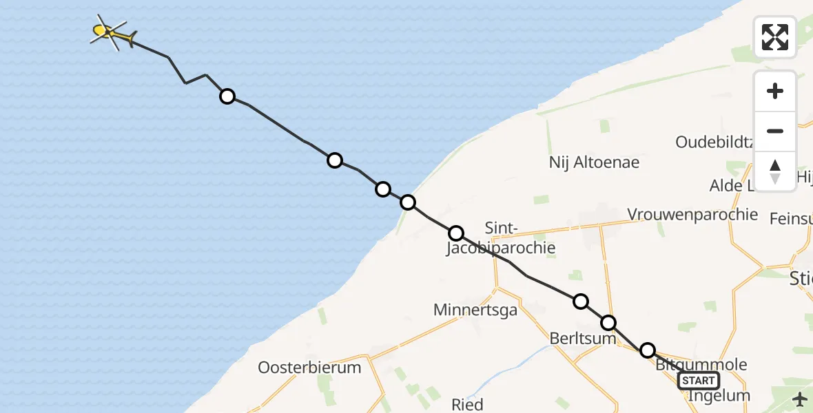 Routekaart van de vlucht: Ambulancehelikopter naar Oosterend