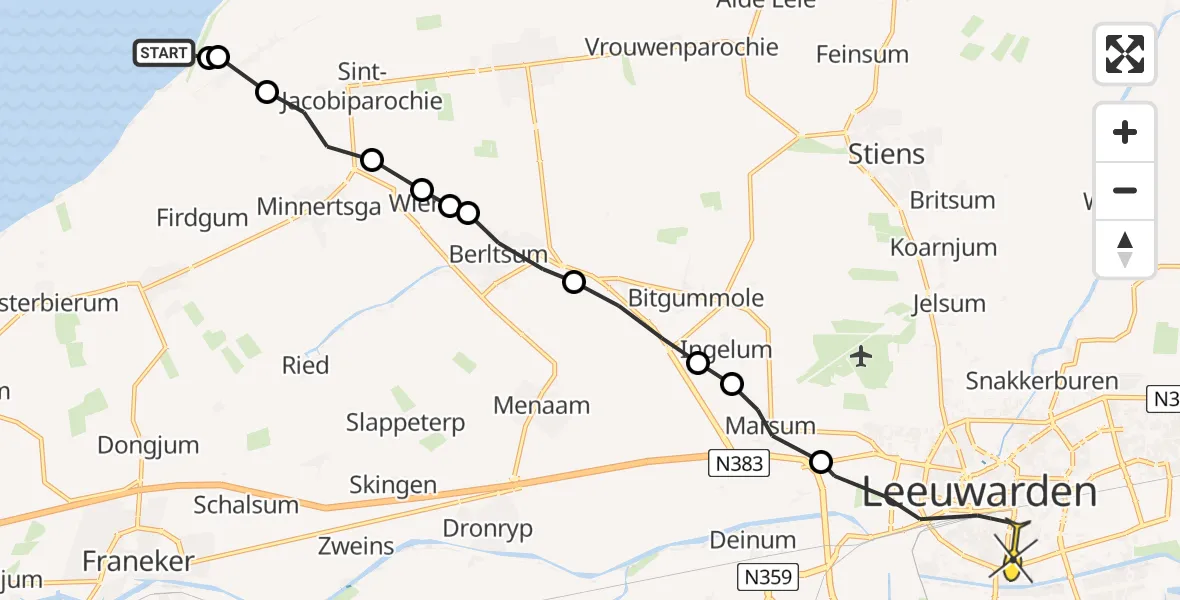 Routekaart van de vlucht: Ambulanceheli naar Leeuwarden