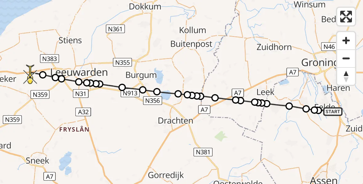 Routekaart van de vlucht: Lifeliner 4 naar Dronryp