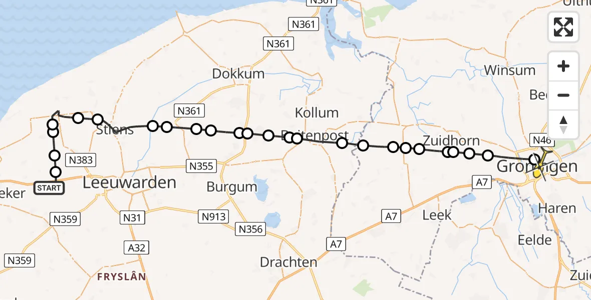 Routekaart van de vlucht: Lifeliner 4 naar Universitair Medisch Centrum Groningen