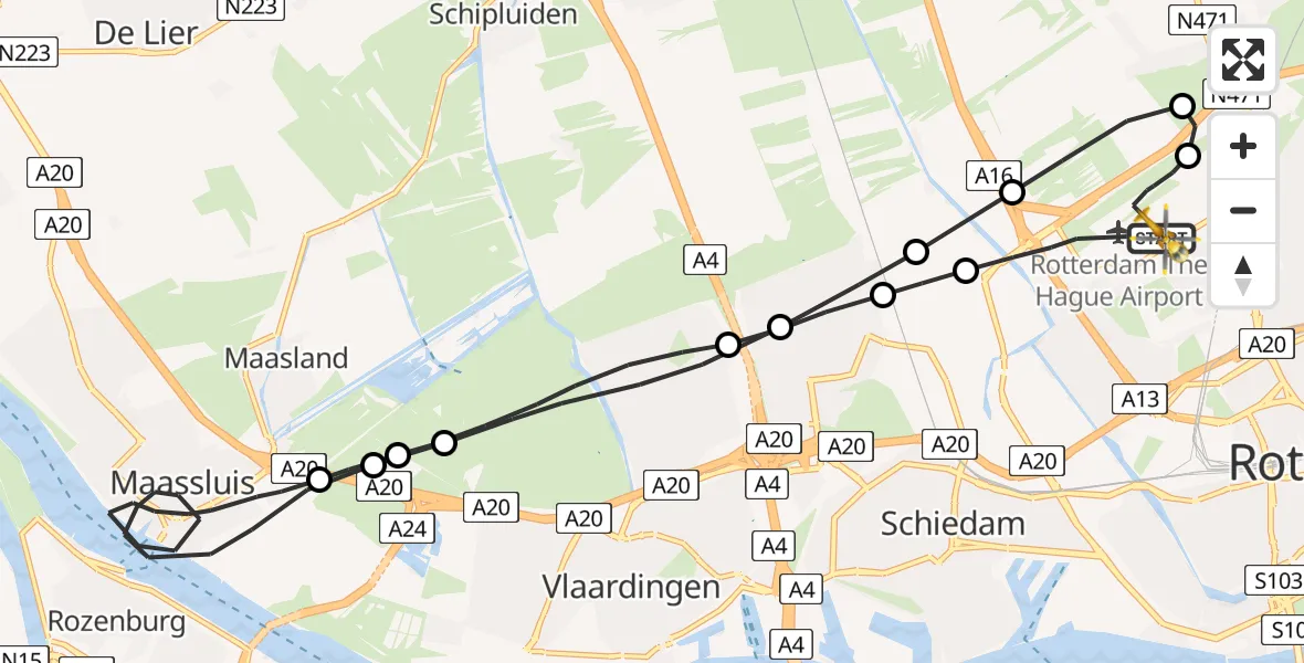Vluchtroute Traumahelikopter Rotterdam The Hague Airport - Rotterdam The Hague Airport, 31 december 2023, 16:52