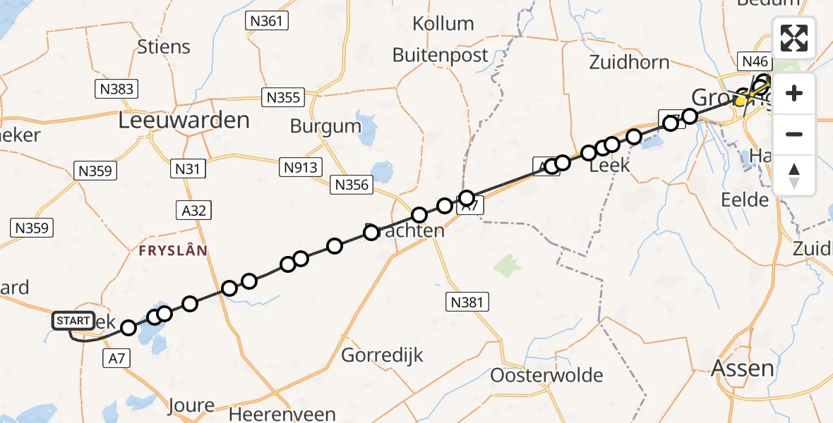 Routekaart van de vlucht: Lifeliner 4 naar Universitair Medisch Centrum Groningen