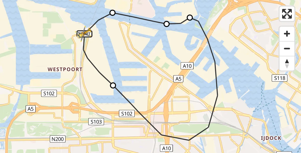 Vluchtroute Traumahelikopter Amsterdam Heliport - Amsterdam Heliport, 31 december 2023, 23:28