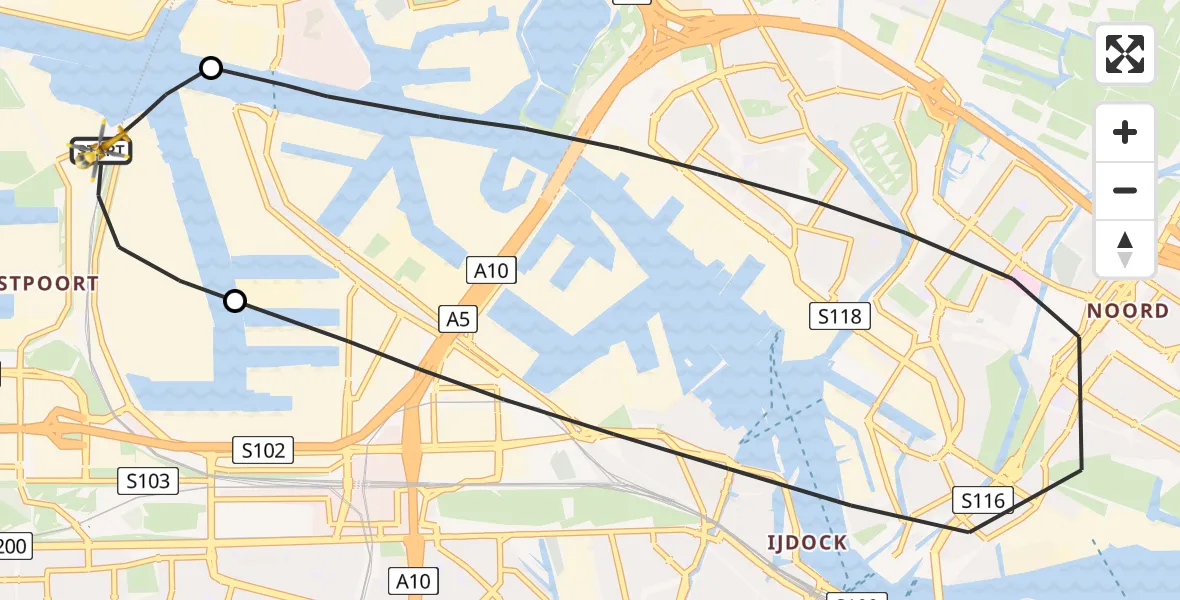 Vluchtroute Traumahelikopter Amsterdam Heliport - Amsterdam Heliport, 31 december 2023, 23:53