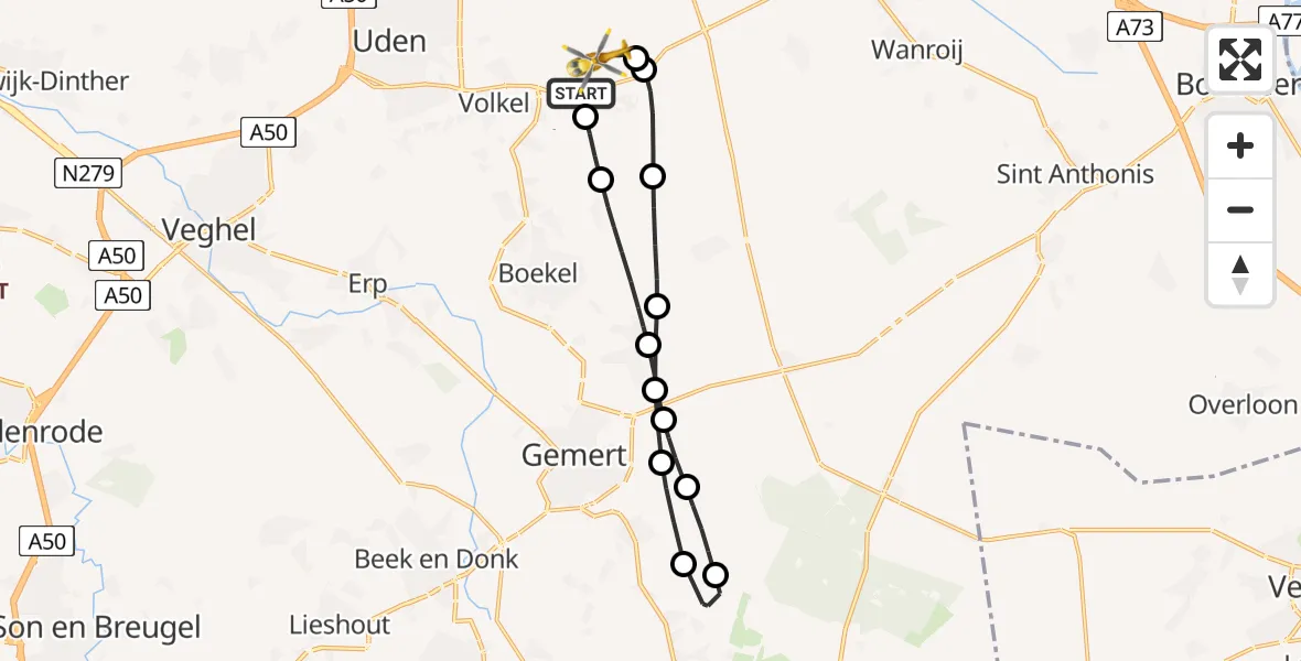 Vluchtroute Traumahelikopter van Vliegbasis Volkel naar Vliegbasis Volkel