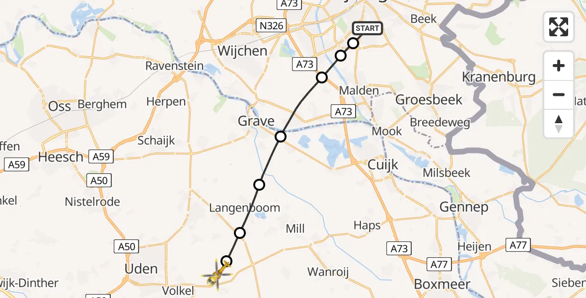 Vluchtroute Traumahelikopter van Radboud Universitair Medisch Centrum naar Vliegbasis Volkel