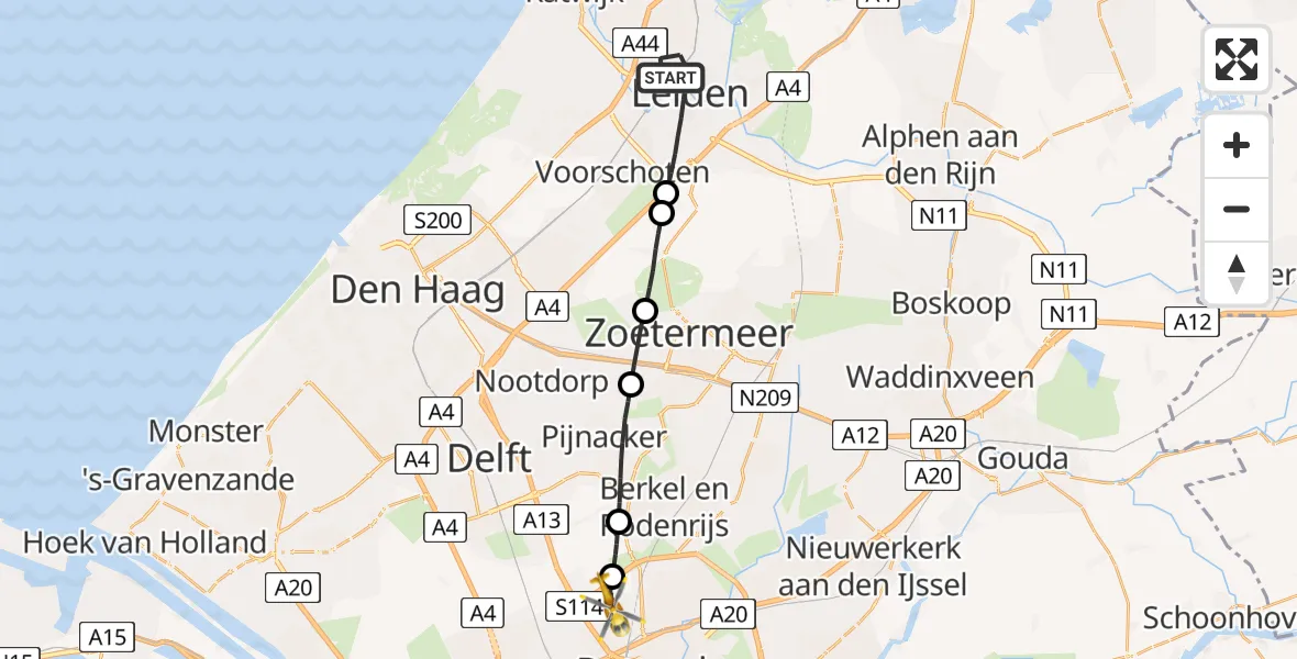 Vluchtroute Traumahelikopter Leiden - Rotterdam The Hague Airport, 01 januari 2024, 08:39