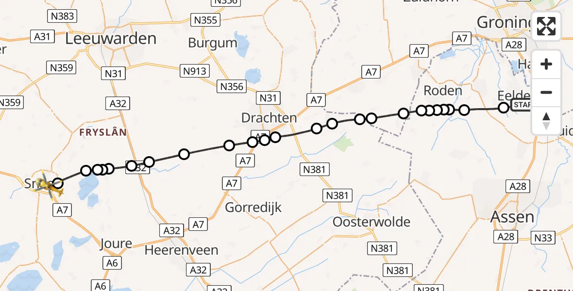 Vluchtroute Traumahelikopter Groningen Airport Eelde - Sneek, 01 januari 2024, 09:43