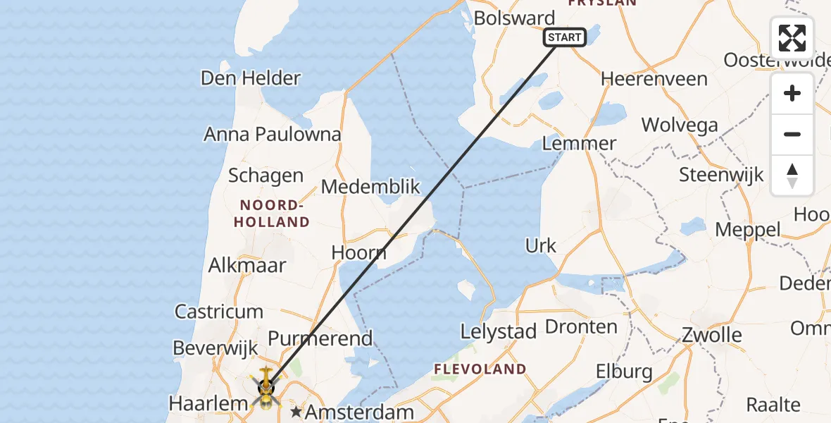 Vluchtroute Traumahelikopter Sneek - Amsterdam Heliport, 01 januari 2024, 10:44