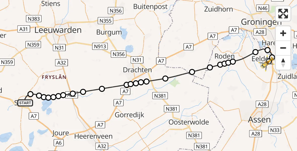 Vluchtroute Traumahelikopter Sneek - Groningen Airport Eelde, 01 januari 2024, 10:45