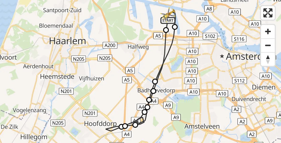 Vluchtroute Traumahelikopter Amsterdam Heliport - Amsterdam Heliport, 01 januari 2024, 10:45