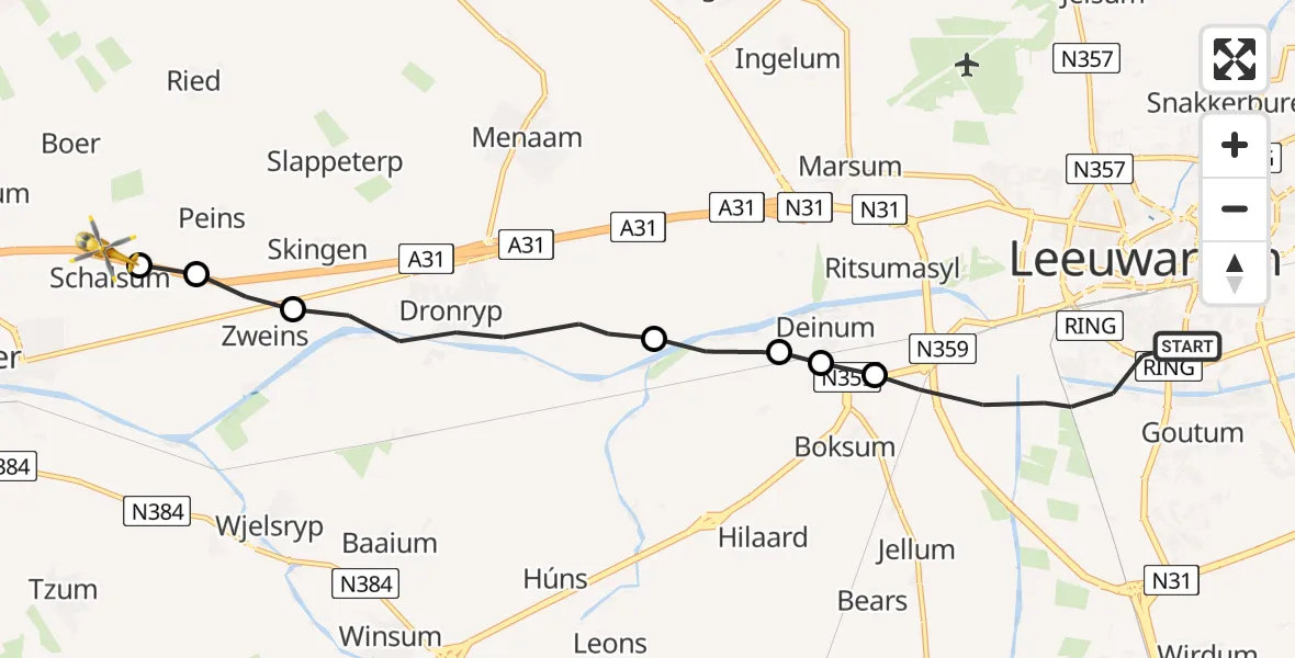 Vluchtroute Ambulancehelikopter Leeuwarden - Schalsum, 01 januari 2024, 10:53