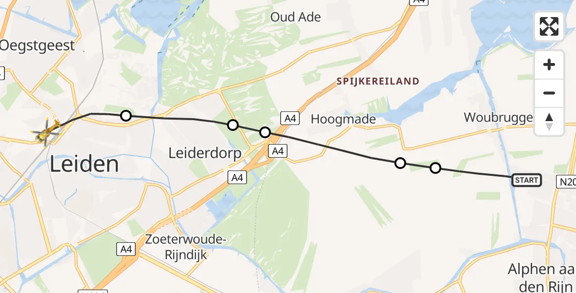 Vluchtroute Traumahelikopter Alphen aan den Rijn - Leiden, 01 januari 2024, 11:28