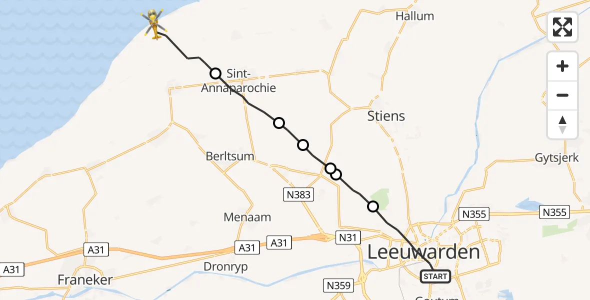 Vluchtroute Ambulancehelikopter Leeuwarden - St.-Jacobiparochie, 01 januari 2024, 11:53