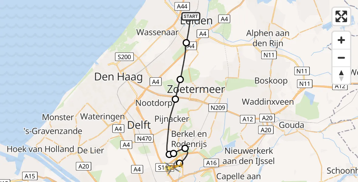 Vluchtroute Traumahelikopter Leiden - Rotterdam The Hague Airport, 01 januari 2024, 12:03