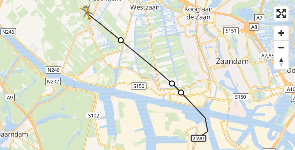 Vluchtroute Traumahelikopter Amsterdam Heliport - Assendelft, 01 januari 2024, 12:48