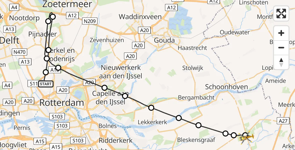 Vluchtroute Traumahelikopter Rotterdam The Hague Airport - Giessenburg, 01 januari 2024, 12:50