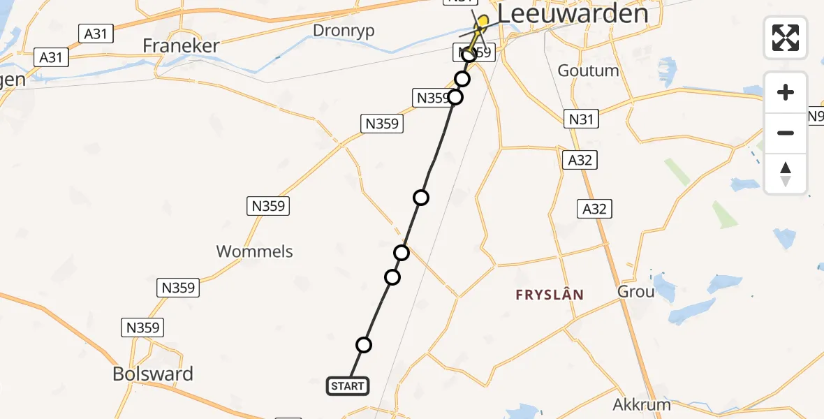Routekaart van de vlucht: Ambulancehelikopter naar Deinum