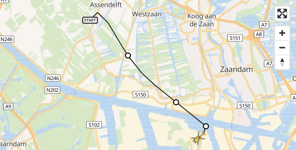 Vluchtroute Traumahelikopter Assendelft - Amsterdam Heliport, 01 januari 2024, 13:02