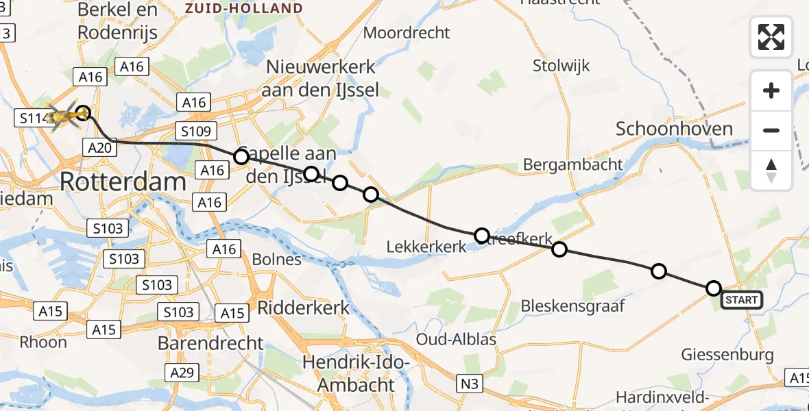 Vluchtroute Traumahelikopter Giessenburg - Rotterdam The Hague Airport, 01 januari 2024, 13:24