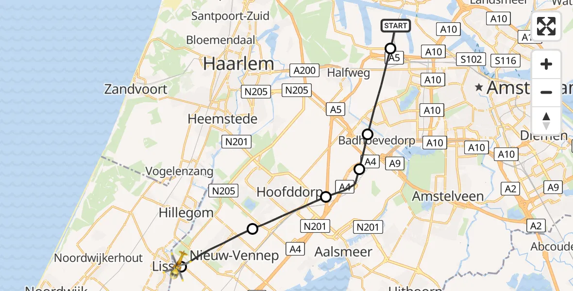 Vluchtroute Traumahelikopter van Amsterdam Heliport naar Lisserbroek