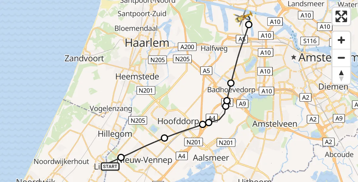 Vluchtroute Traumahelikopter van Lisserbroek naar Amsterdam Heliport