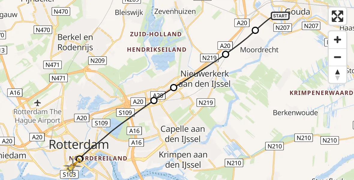 Vluchtroute Traumahelikopter Gouda - Erasmus MC, 01 januari 2024, 14:49