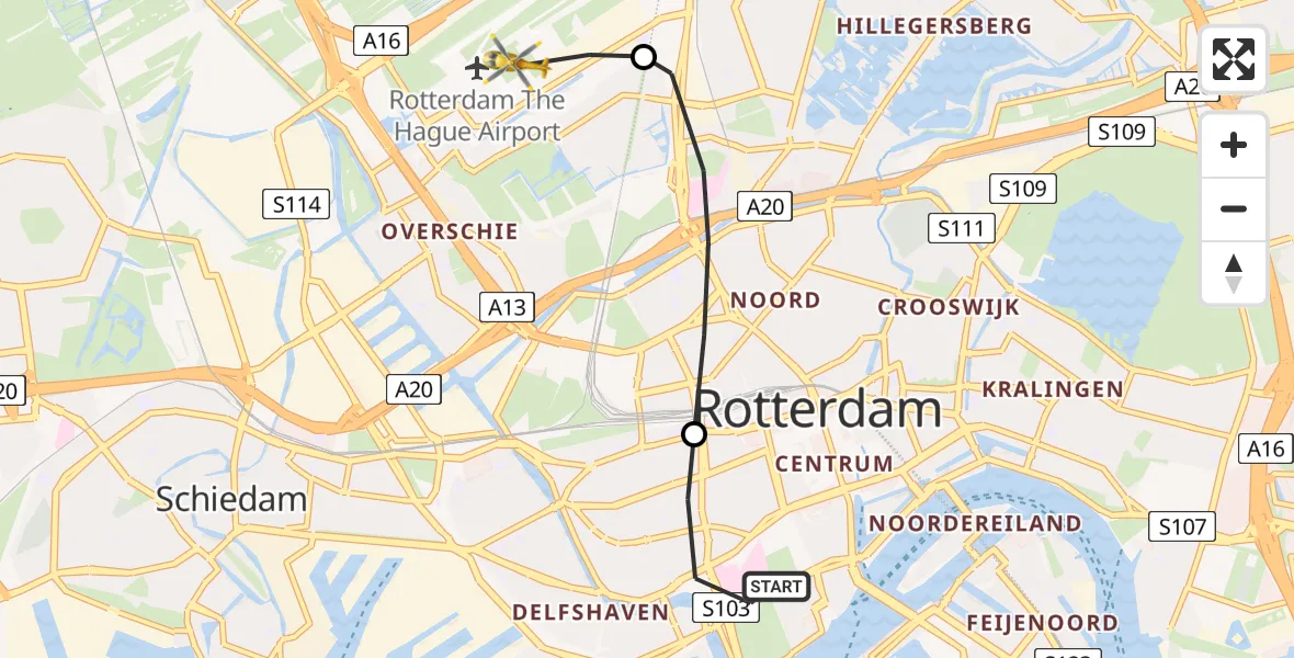 Vluchtroute Traumahelikopter Erasmus MC - Rotterdam The Hague Airport, 01 januari 2024, 15:19