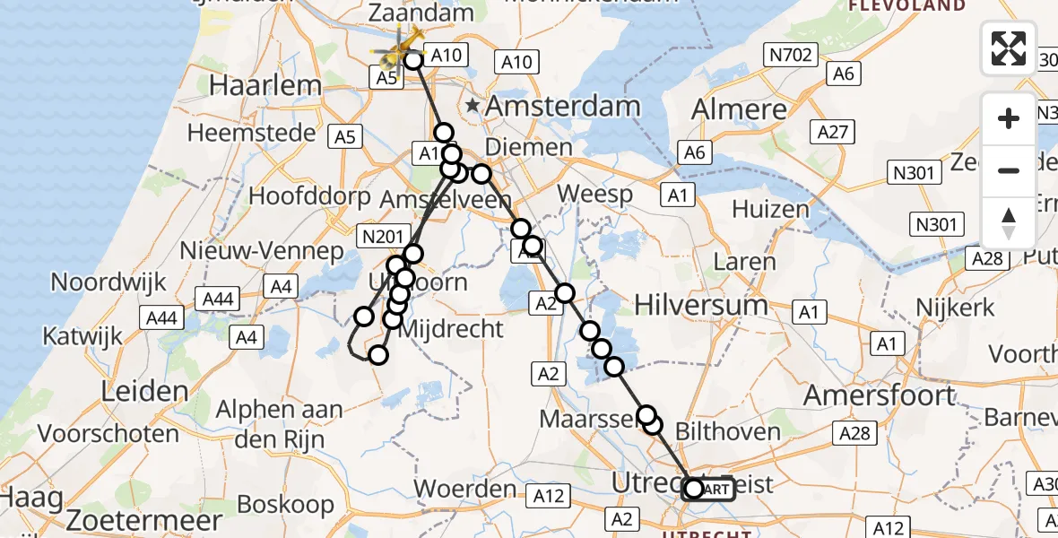 Vluchtroute Traumahelikopter Universitair Medisch Centrum Utrecht - Amsterdam Heliport, 01 januari 2024, 16:32