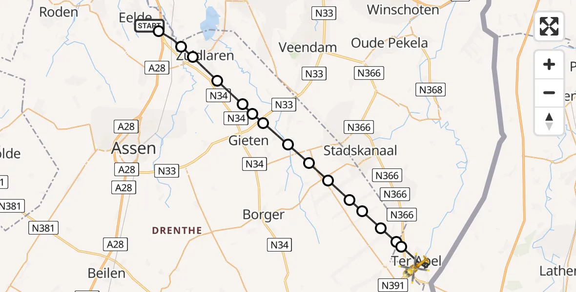 Vluchtroute Traumahelikopter Groningen Airport Eelde - Ter Apel, 01 januari 2024, 19:09