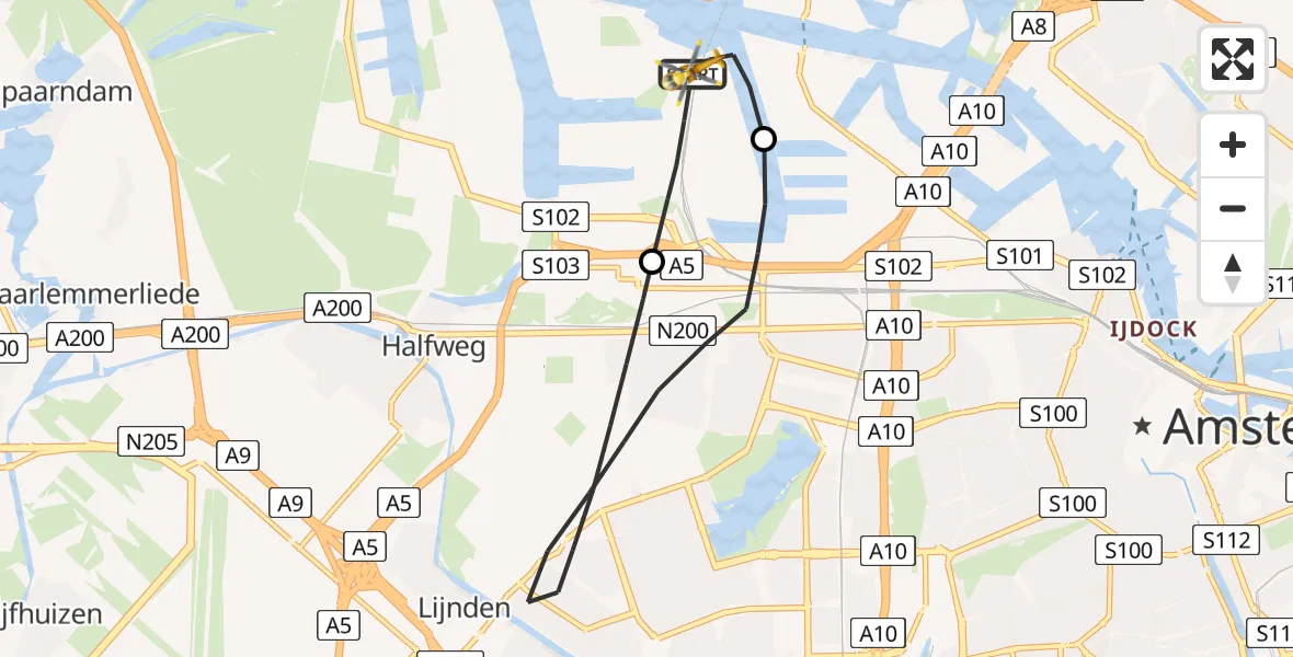 Vluchtroute Traumahelikopter Amsterdam Heliport - Amsterdam Heliport, 02 januari 2024, 07:49