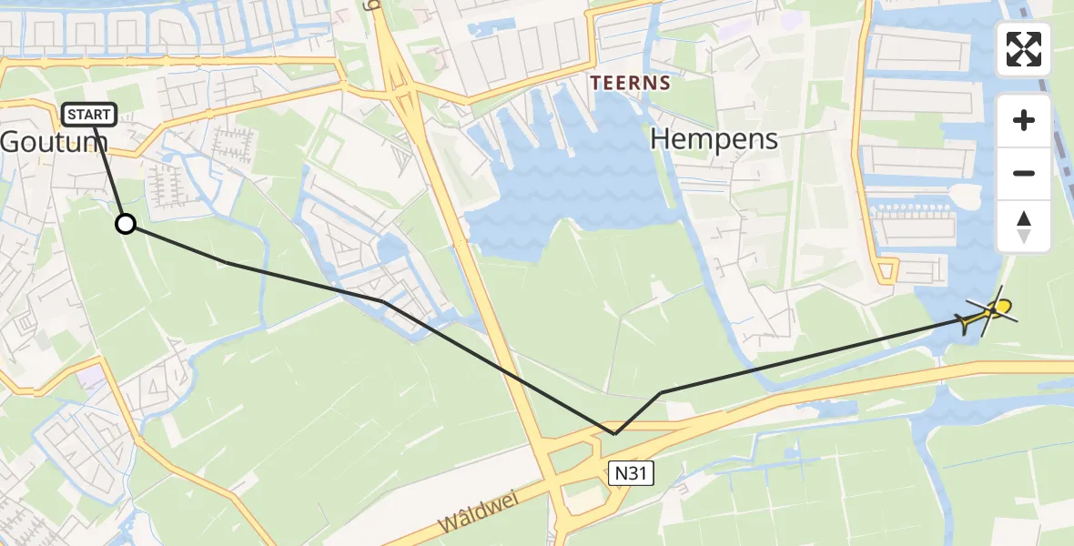 Routekaart van de vlucht: Ambulancehelikopter naar Leeuwarden