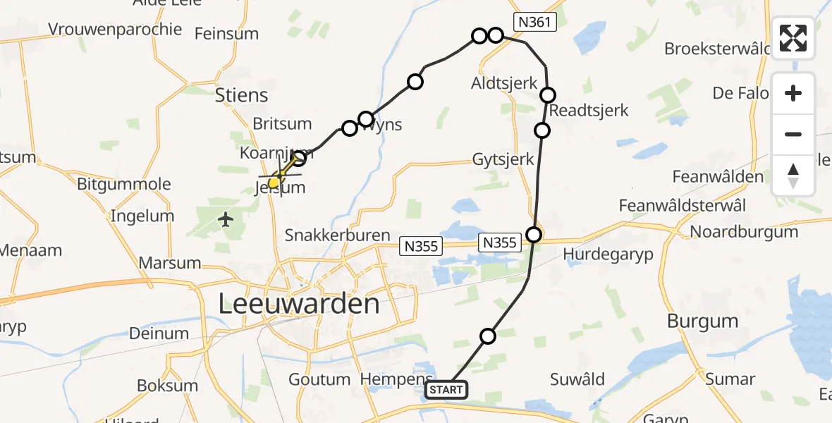 Routekaart van de vlucht: Ambulancehelikopter naar Jelsum