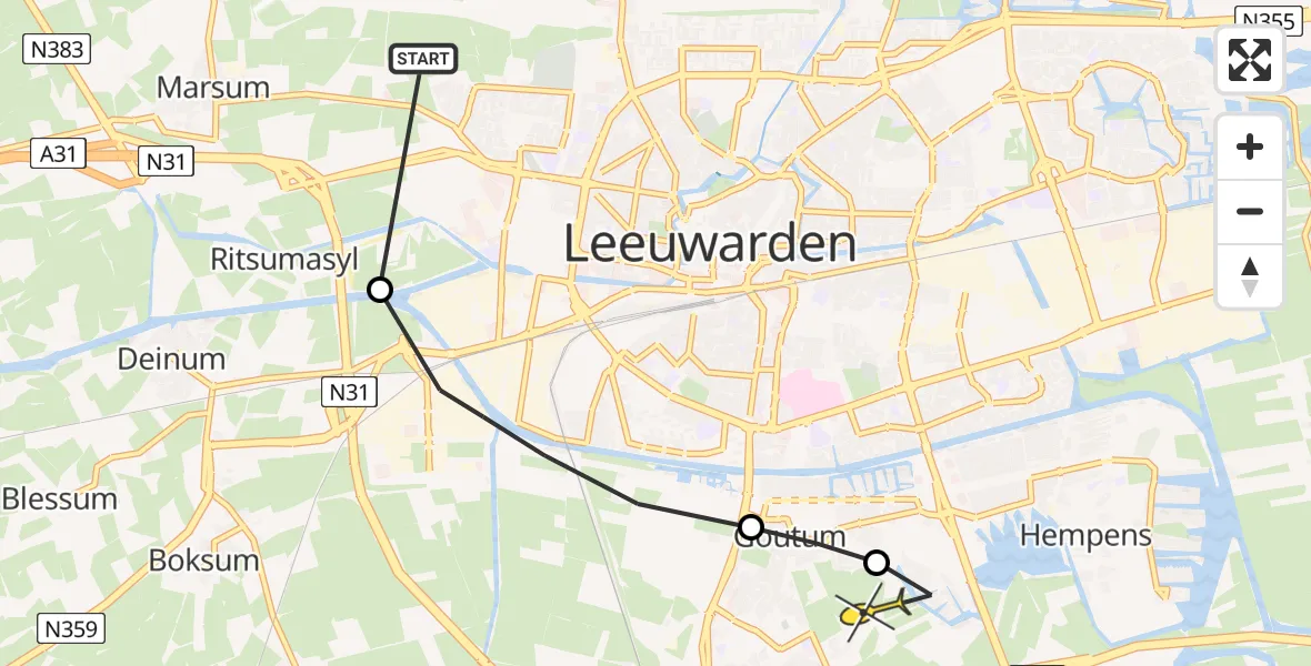 Vluchtroute Ambulancehelikopter van Vliegbasis Leeuwarden naar Leeuwarden