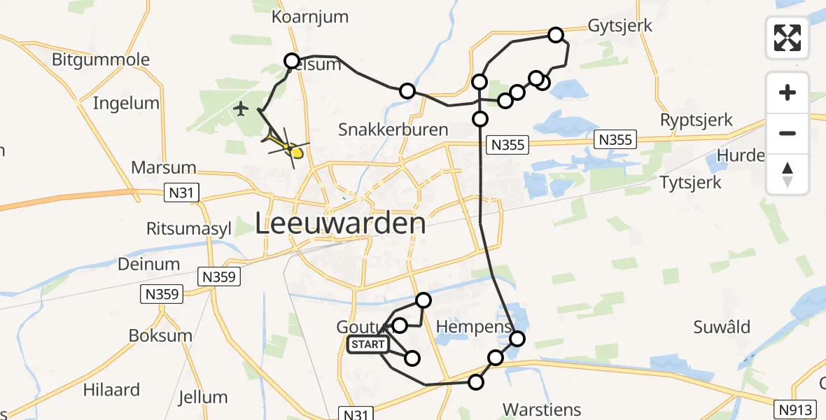 Routekaart van de vlucht: Ambulancehelikopter naar Vliegbasis Leeuwarden