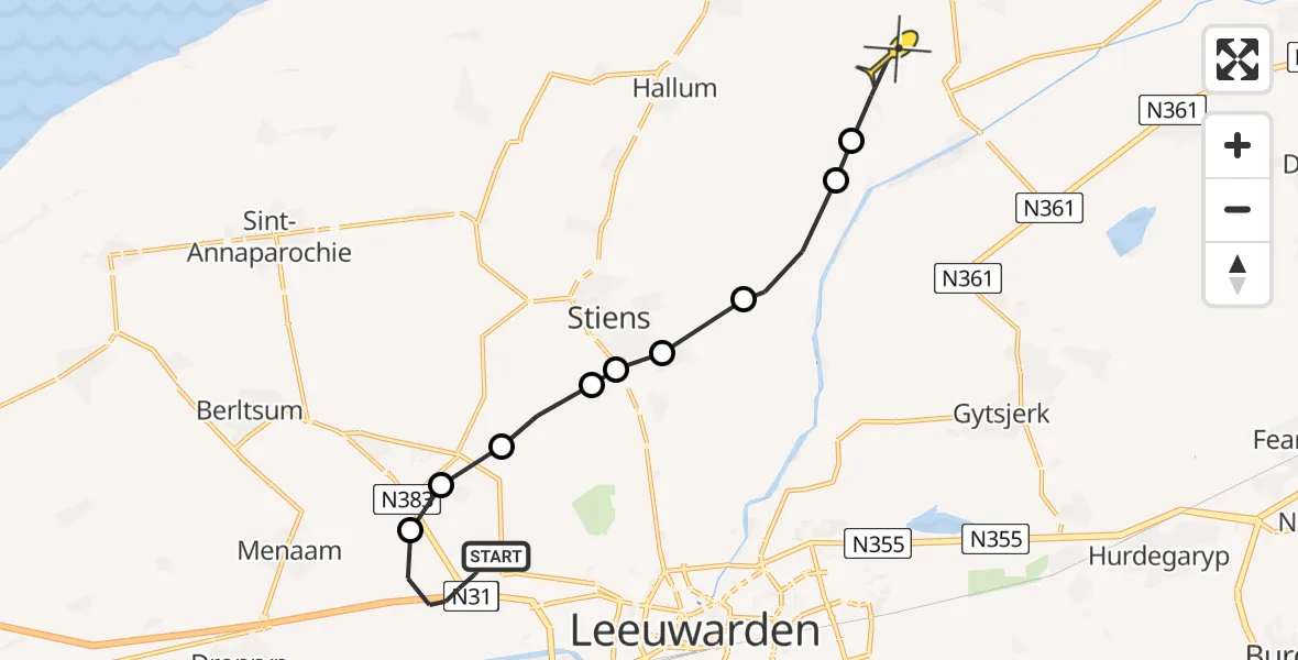 Routekaart van de vlucht: Ambulanceheli naar Wânswert