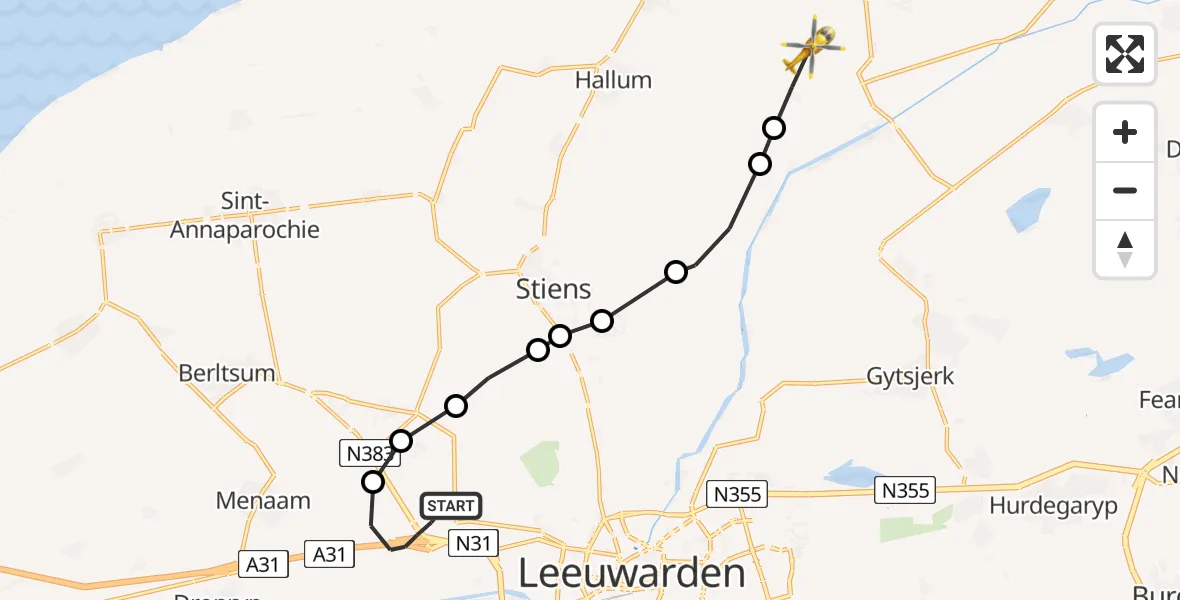 Vluchtroute Ambulancehelikopter Marsum - Wânswert, 02 januari 2024, 22:17