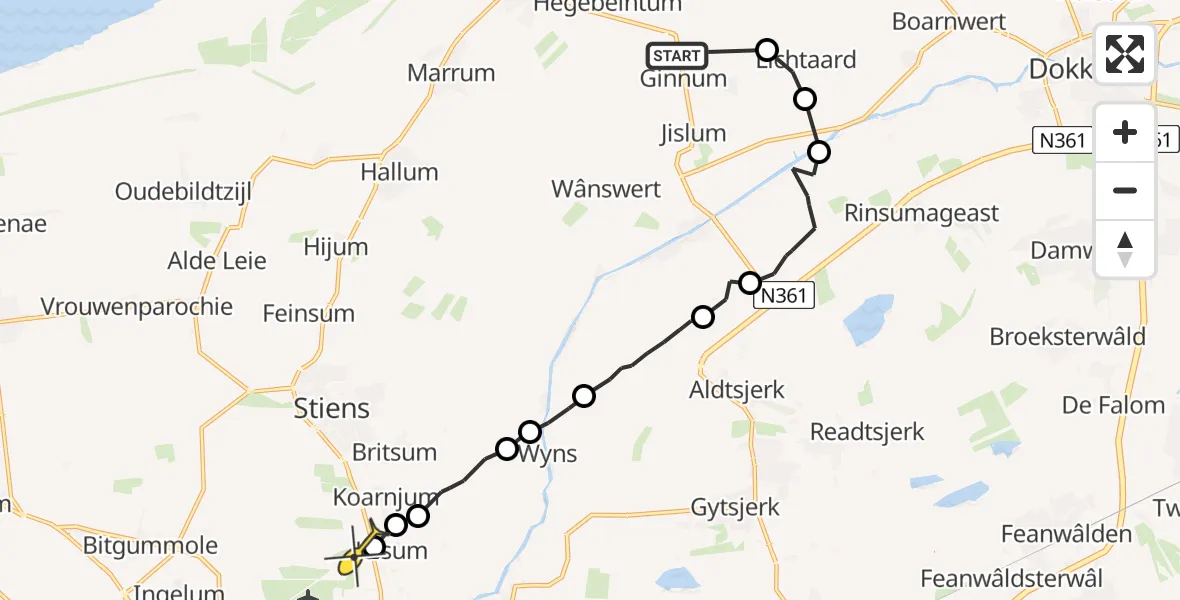 Routekaart van de vlucht: Ambulanceheli naar Vliegbasis Leeuwarden