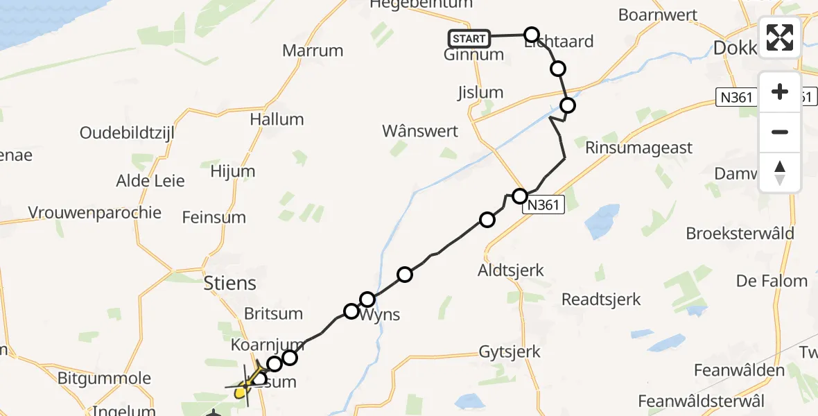 Routekaart van de vlucht: Ambulancehelikopter naar Vliegbasis Leeuwarden