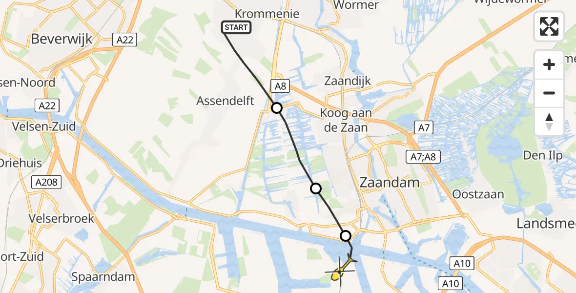 Routekaart van de vlucht: Lifeliner 1 naar Amsterdam Heliport