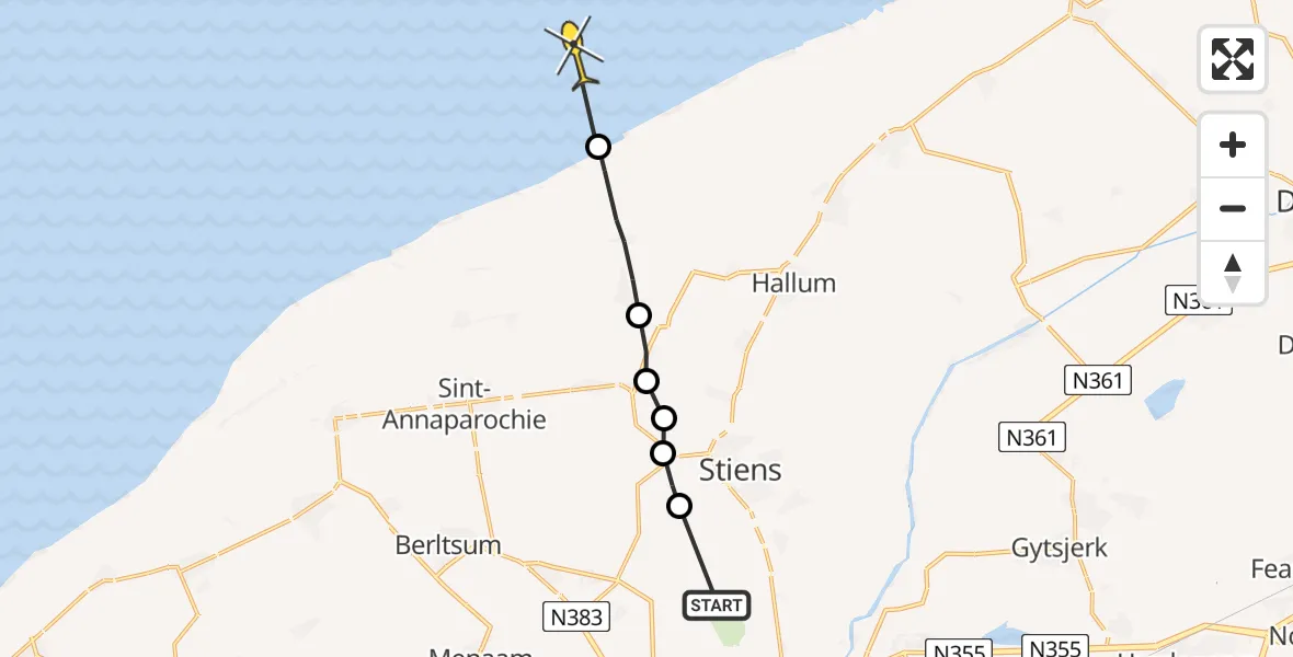 Routekaart van de vlucht: Ambulancehelikopter naar St.-Annaparochie