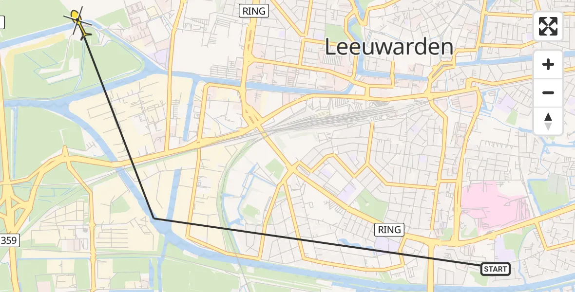 Vluchtroute Ambulancehelikopter van Leeuwarden naar Leeuwarden