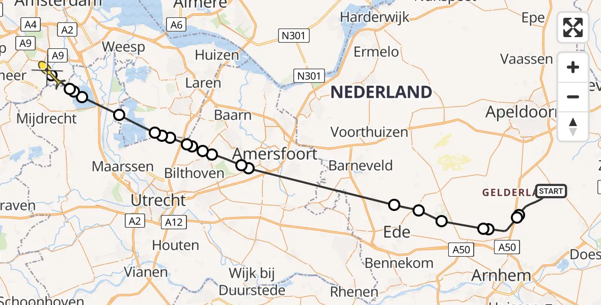 Routekaart van de vlucht: Politieheli naar Amstelveen