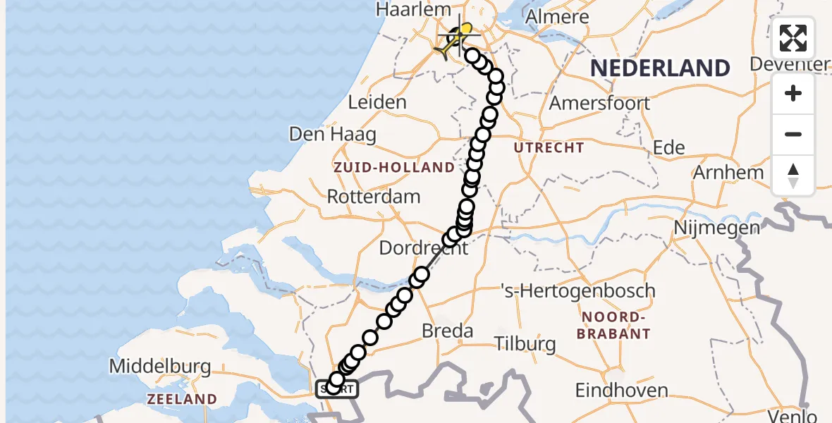 Routekaart van de vlucht: Politieheli naar Schiphol