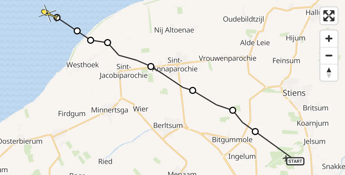 Routekaart van de vlucht: Ambulanceheli naar Oosterend