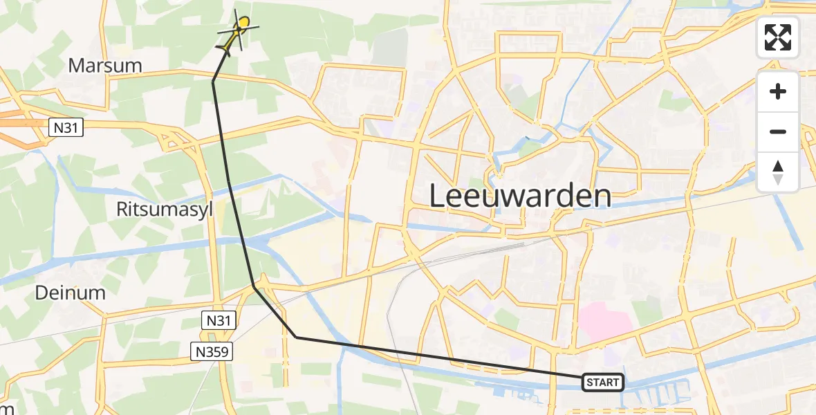 Vluchtroute Ambulancehelikopter van Leeuwarden naar Leeuwarden
