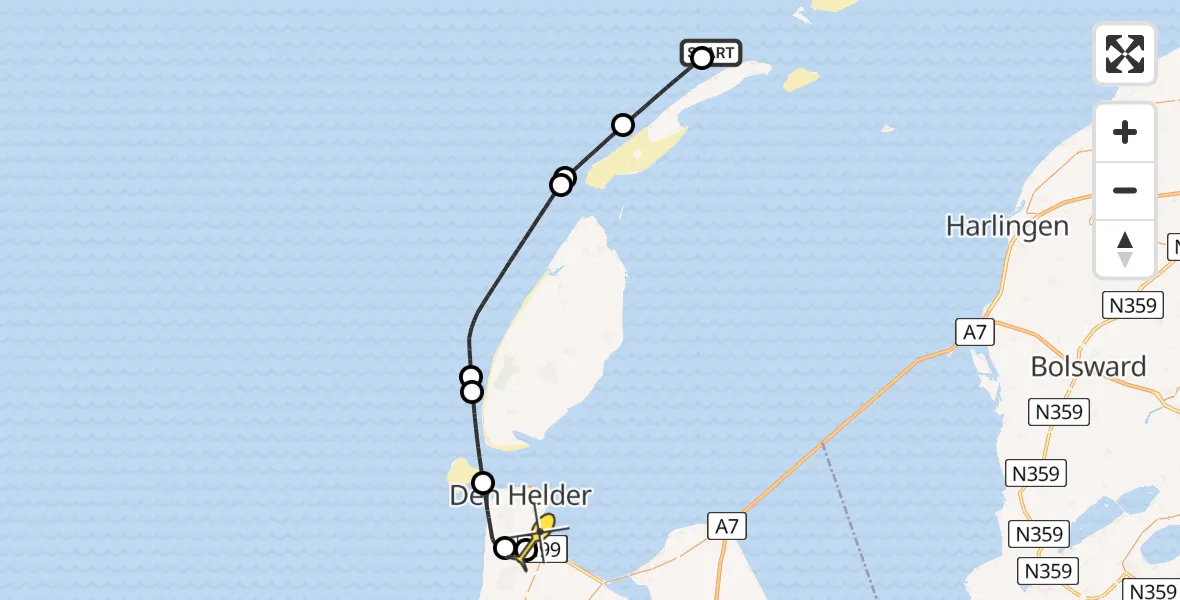 Routekaart van de vlucht: Kustwachthelikopter naar Vliegveld De Kooy