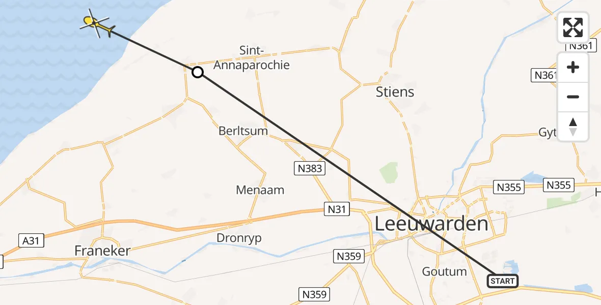 Routekaart van de vlucht: Ambulanceheli naar Oosterend