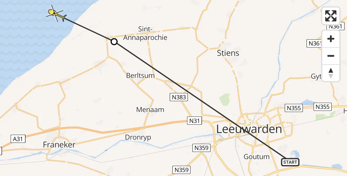 Routekaart van de vlucht: Ambulancehelikopter naar Oosterend
